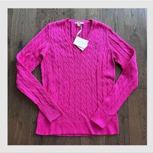 Fairway & Greene New Perry Pink Cable Knit Golf Sweater Size M V-Neck NWT